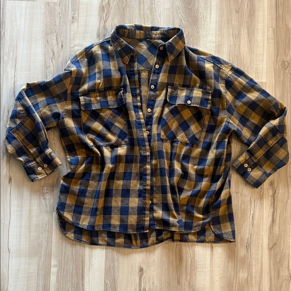 Blue and Tan Plaid Button-Up Flannel Shirt